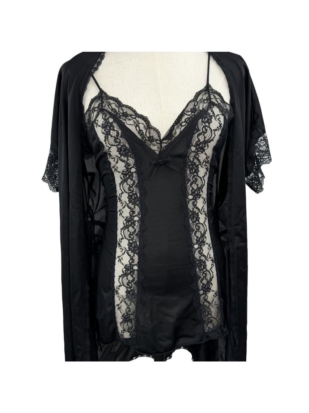 Vintage 70s Sears Black Lace Lingerie Set Robe Slip Dress Small Coquette Goth